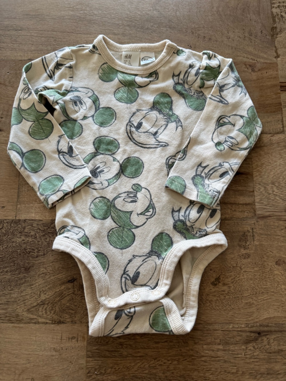 H&M Cream & Green Mickey Mouse Long-Sleeve Baby One-Piece size 6-9 months